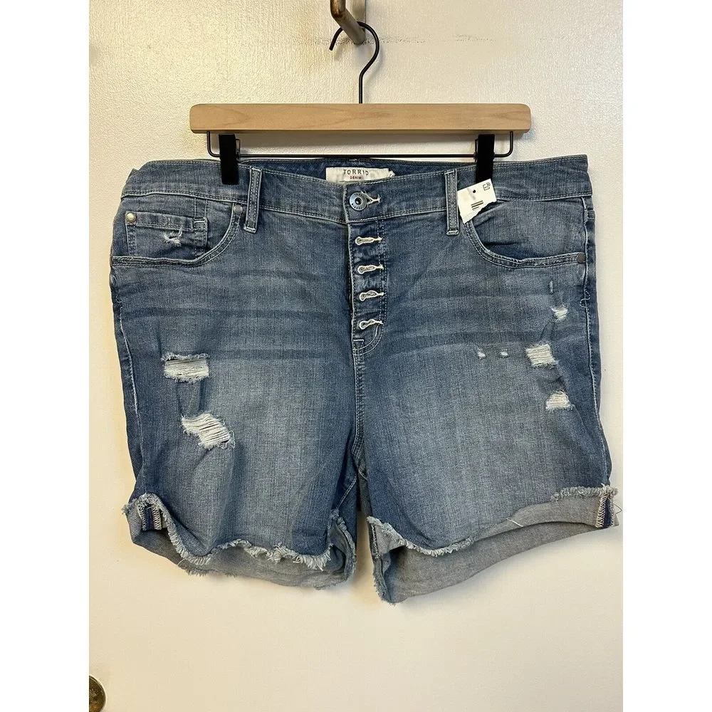 Torrid Womens Blue Flat Front Button Fly First‎ At Fit Ripped Denim Shorts Sz 18